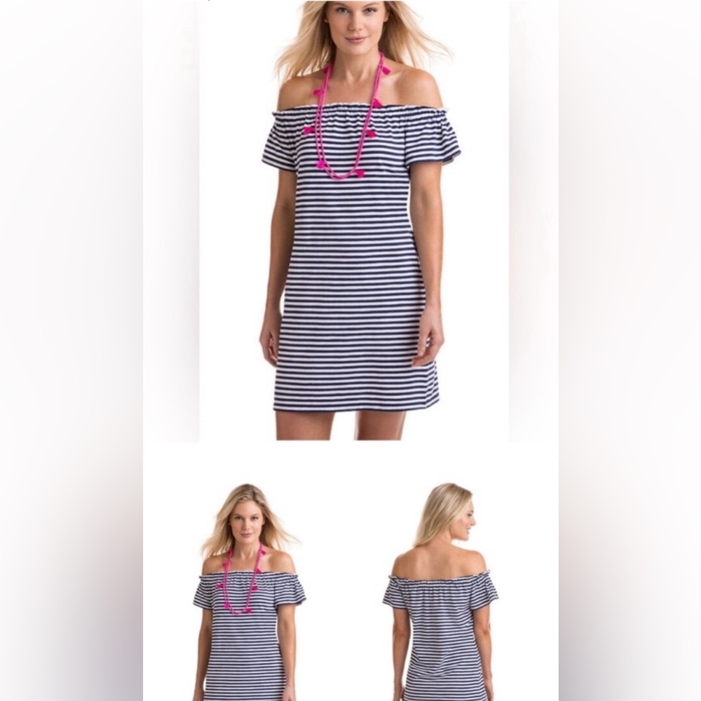 vineyard vines preppy feminine Off-Shoulder Striped Dress stretchy midi length